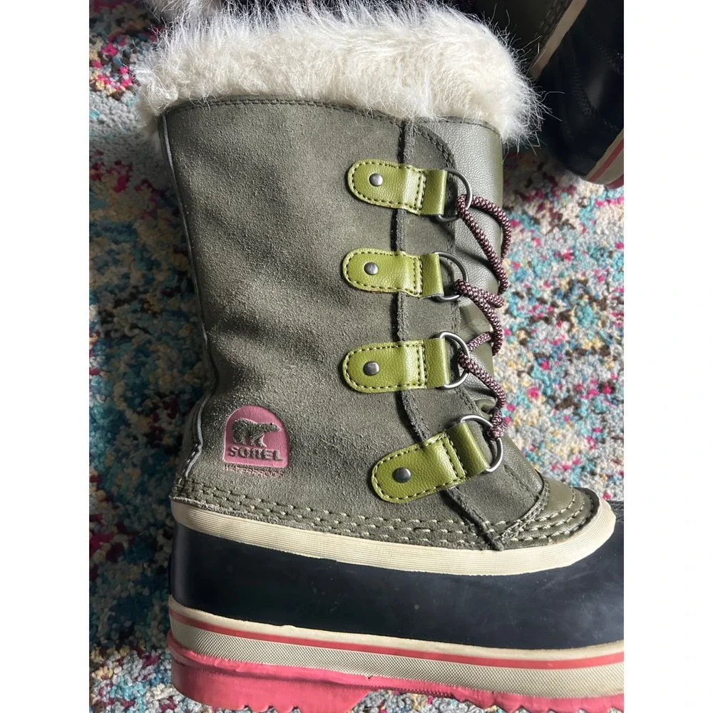 Sorel Joan of Arctic Winter Boots Olive Green Pink Faux Fur Waterproof Snow